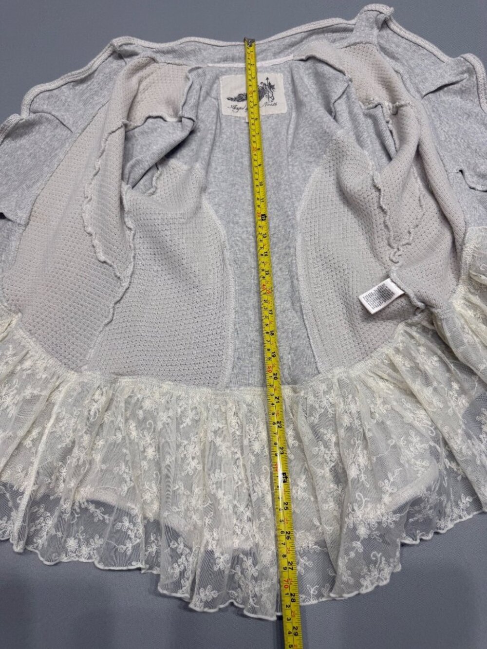 Anthropologie Women’s Lace Trim Cardigan Waffle Knit Panels Embroidered Gray M - Picture 5 of 8